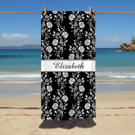 Toalha De Praia Nome Floral Branco e Preto Elegante
