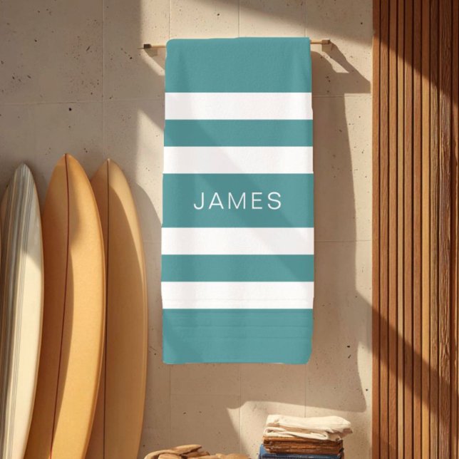 Toalha De Praia Nome Listrado Verde Azul Moderno (Modern Teal Green Striped Name Beach Towel)
