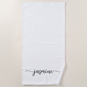 Toalha De Praia Nome Minimalista Branco Monograma Grande Script