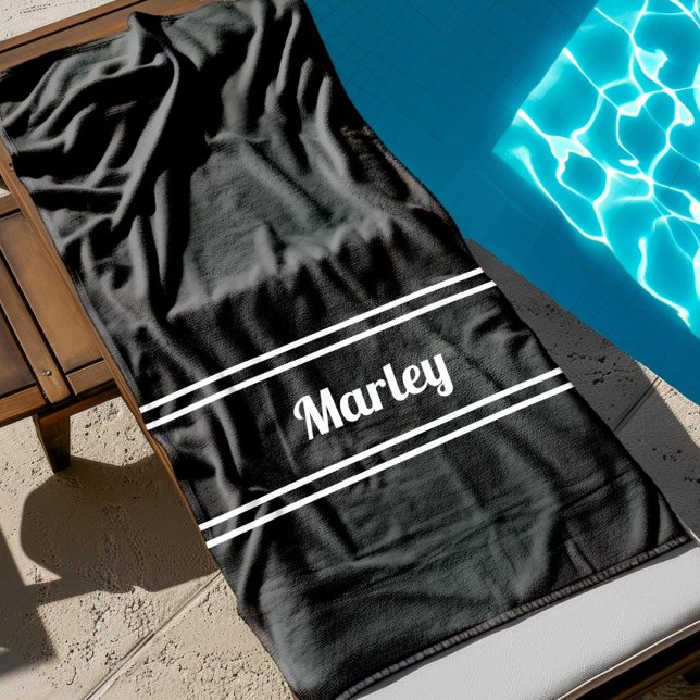 Toalha De Praia Nome Mínimo Moderno Monograma Script Modelo Preto (Modern Minimal Name Monogram Script Template Black Beach Towel)