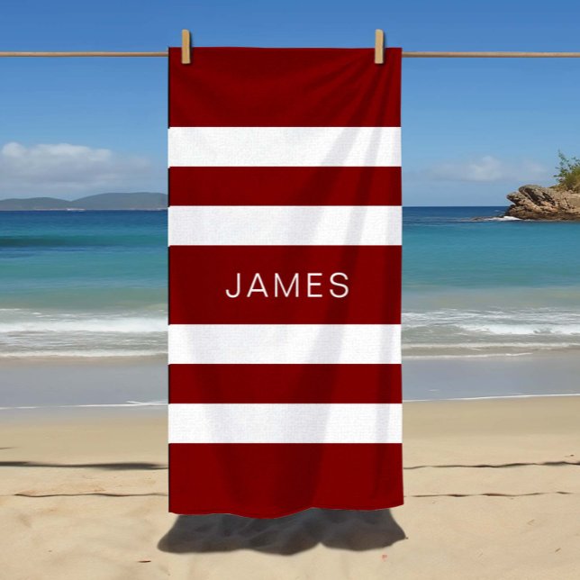 Toalha De Praia Nome moderno Burgundy Padrão striped (Name Modern Burgundy Striped Pattern Beach Towel)