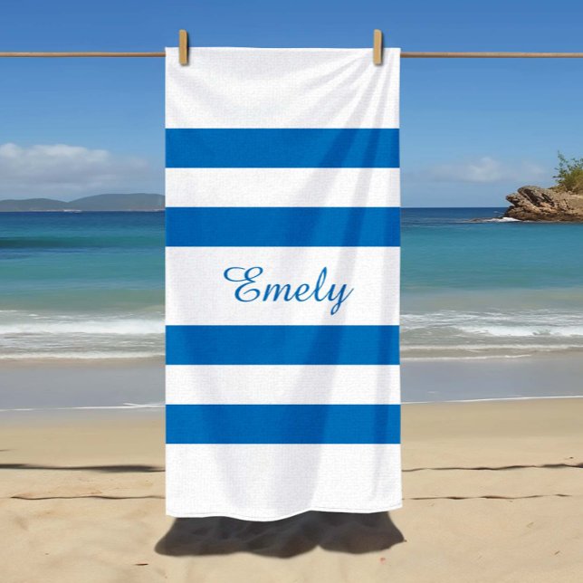 Toalha De Praia Nome Moderno Piscina Azul Francês (Modern Name French Blue Striped Pool Beach Towel)