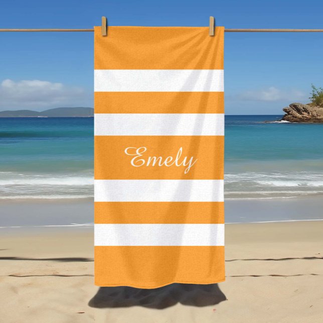 Toalha De Praia Nome Moderno - Piscina em Laranja (Modern Name Orange Striped Pool Beach Towel)