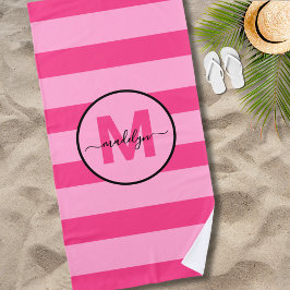 Toalha De Praia Nome Monograma do Script Stripe Girly Rosa