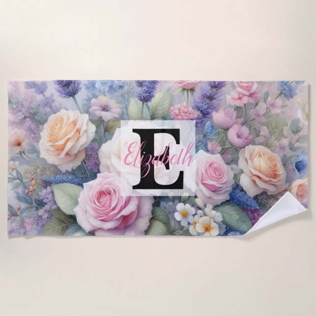 Toalha De Praia Nome monograma em aquarela Flores em pastos (Frente)