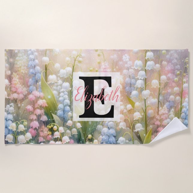 Toalha De Praia Nome monograma em aquarela Flores em pastos (Frente)