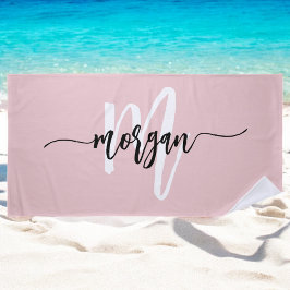 Toalha De Praia Nome Monograma Feminino Moderno Rosa com Letra Est