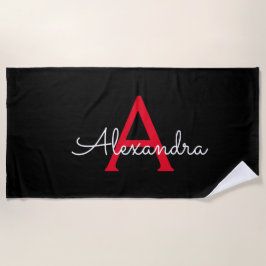 Toalha De Praia Nome Monograma Feminino Roteiro Preto Vermelho