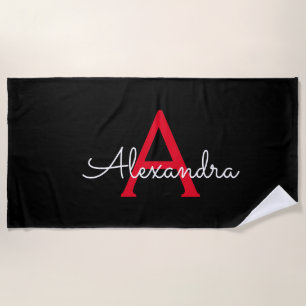 Toalha De Praia Nome Monograma Feminino Roteiro Preto Vermelho