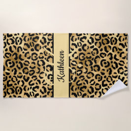 Toalha De Praia Nome Monograma Preto Dourado Estampa Leopardo Guep