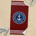 Toalha De Praia Nome ou nome do barco Estrelas de Âncora Náutica<br><div class="desc">Seu nome personalizado ou nome do barco (Capitão Fileira ou Texto Personalizado), com uma Âncora Náutica Personalizada, Estrelas e Stripes em uma Toalha Na moda Vermelha e Azul de Praia. Esta toalha personalizada não só o manterá seco, como também é uma peça divertida de conversa. Faz um presente de excelente...</div>
