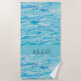 Toalha De Praia Nome Personalizado Beach Waves Watercolor Novelty