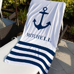 Toalha De Praia Nome Personalizado da Âncora do Marinho Branco Náu<br><div class="desc">A toalha náutica personalizada apresenta um design de listras litorais simples,  marinho azul e branca,  com âncora de barco. Personalize o texto do monograma personalizado com um primeiro ou sobrenome.</div>