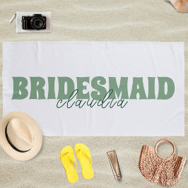 Toalha De Praia Nome Personalizado da Bridesmaid Branca e Verde