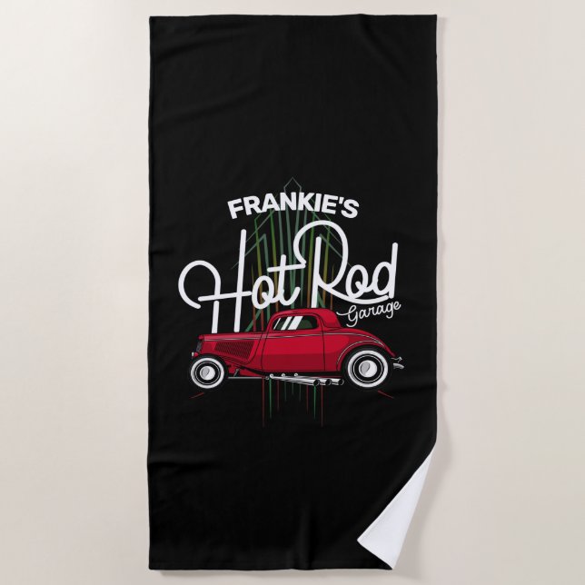 Toalha De Praia Nome PERSONALIZADO da Garagem de Hot Rod (Frente)