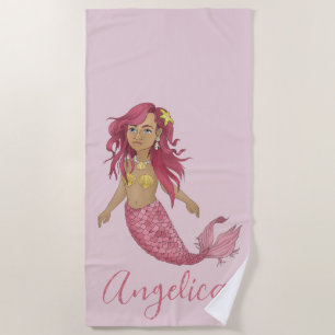 Toalha De Praia Nome Personalizado da Sala de Sereia Rosa bonito