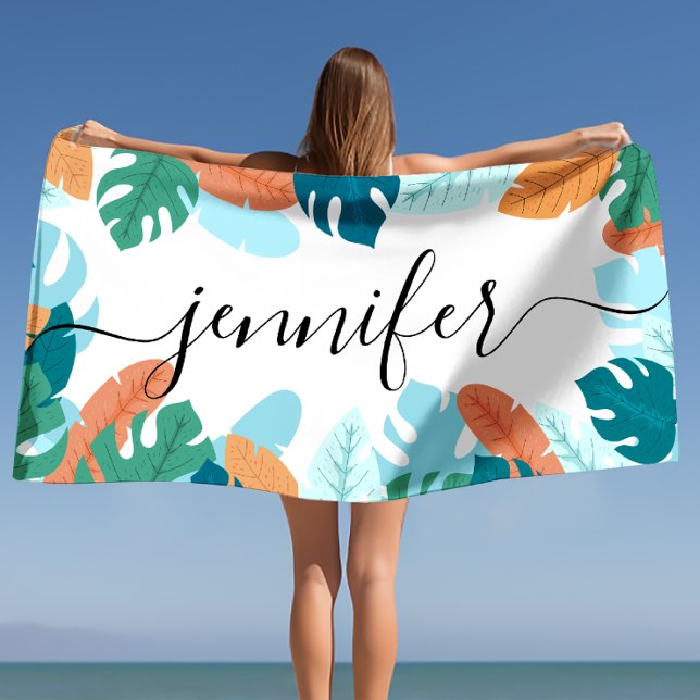 Toalha De Praia Nome Personalizado das Folhas Tropicais Brilhantes (Bright Tropical Leaves Personalized Name Beach Towel)