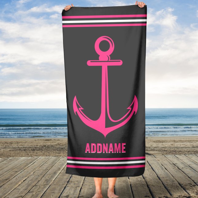 Toalha De Praia Nome Personalizado de Âncora Rosa (Criador carregado)