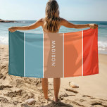 Toalha De Praia Nome Personalizado de Colorção de Terra Colorida M<br><div class="desc">Esta design colorida e moderna apresenta um padrão de blocos de cores em azul,  marrom e laranja com seu nome personalizado #natação #praia #toalhas #férias</div>