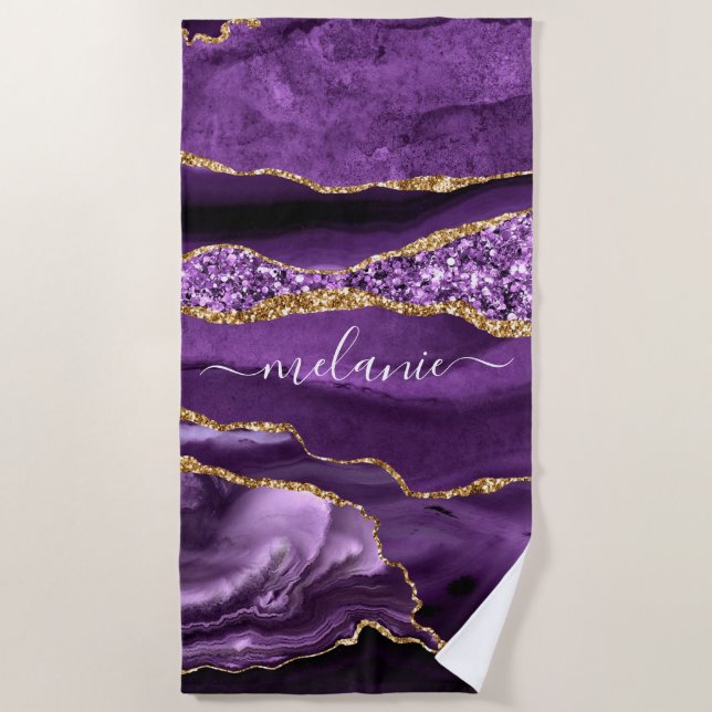 Toalha De Praia Nome Personalizado de Geodo Glitter Dourado Violet (Frente)