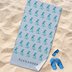 Toalha De Praia Nome personalizado Dinossauro Azul