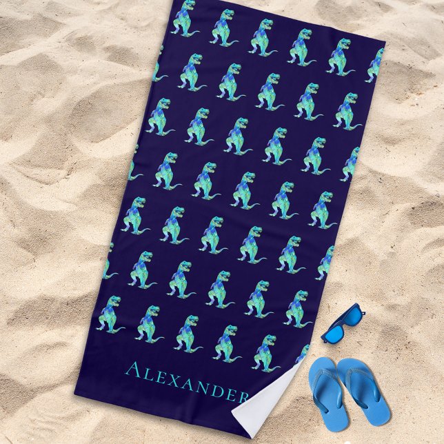 Toalha De Praia Nome personalizado Dinossauro Azul (Personalized boy name dinosaur blue green beach towel Jurassic T-Rex dino kids monogram name gift)