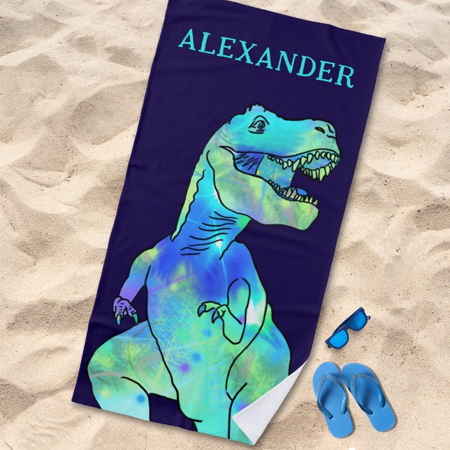 Toalha De Praia Nome personalizado Dinossauro Azul (Personalized boy name dinosaur blue green beach towel psychedelic funky T-Rex dino kids monogram )