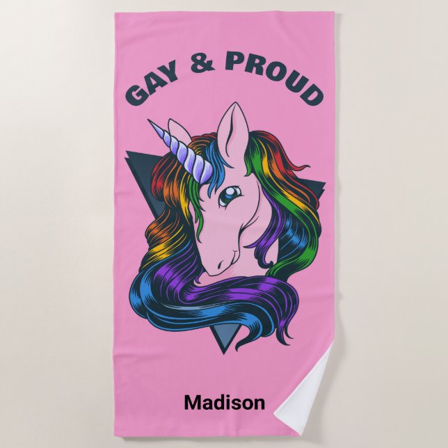 Toalha De Praia Nome Personalizado e Gay de Texto Unicorn (Frente)