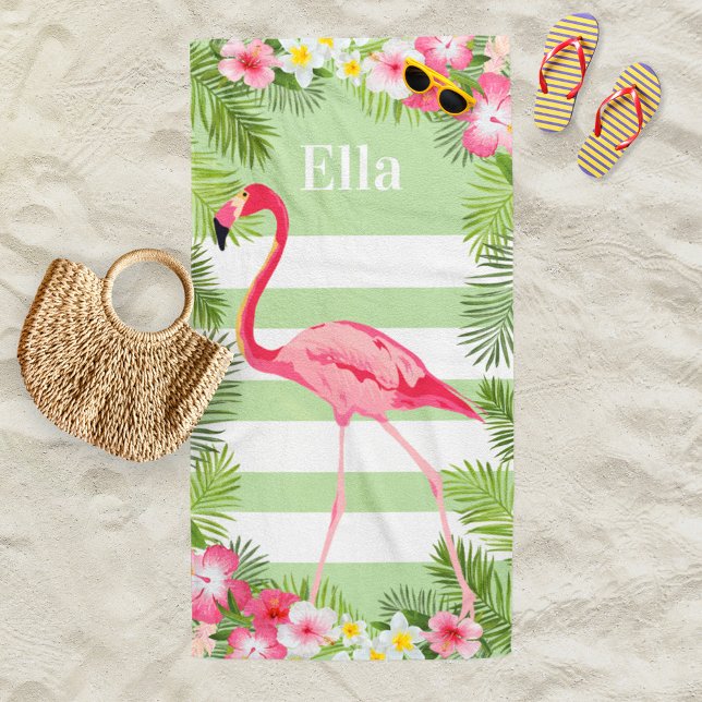 Toalha De Praia Nome Personalizado Flamingo Floral, Rosa Verde Tro (Criador carregado)