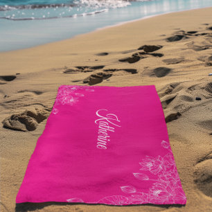 Toalha De Praia Nome Personalizado Flor de Lótus Rosa Quente