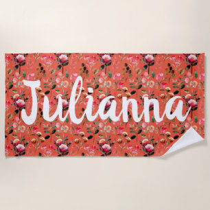 Toalha De Praia Nome Personalizado Floral Quente Vintage Laranja
