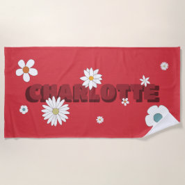 Toalha De Praia Nome Personalizado Flores de Estilo Vermelho Retro