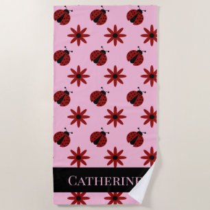 Toalha De Praia nome personalizado fofo ladybugs flores personaliz