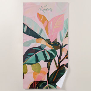 Toalha De Praia Nome Personalizado Folhagem Tropical Boho Colorido
