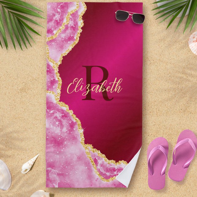 Toalha De Praia Nome Personalizado Rosa Elegante Girly Monogramas  (Criador carregado)