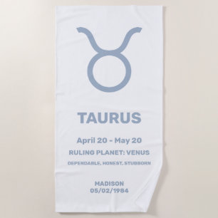 Toalha De Praia Nome Personalizado / Sinal de Zodíaco Texto Taurus