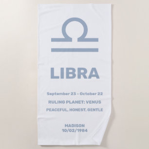 Toalha De Praia Nome Personalizado / Texto Símbolo Zodíaco Libra