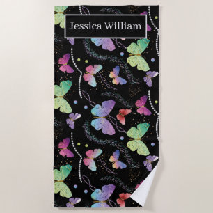 Toalha De Praia Nome Pessoal Borboletas Brilhantes Roxas Elegantes