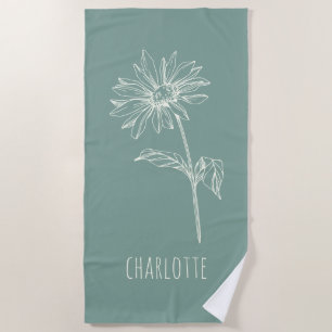 Toalha De Praia Nome verde da flor da camomila minimalista