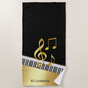 Toalha De Praia Notas Musicais Preto Dourado Moderno Elegante, Tec