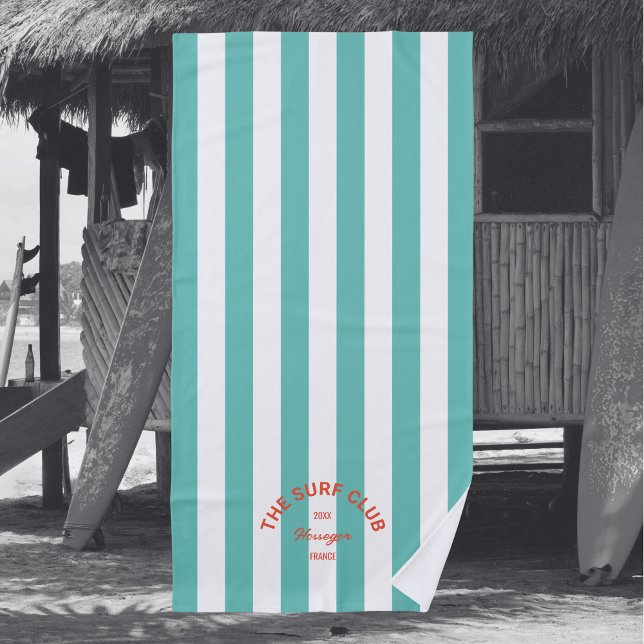 Toalha De Praia O Clube do Surf Red Crest Turquoise Cabana Stripe (Criador carregado)