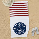 Toalha De Praia O nome do seu barco Anchor Stars Strips Red White<br><div class="desc">Seu nome personalizado ou nome do barco (Capitão Fileira ou Texto Personalizado), com uma Âncora Náutica Personalizada, Estrelas e Stripes em uma Toalha Na moda Vermelha e Azul de Praia. Esta toalha personalizada não só o manterá seco, como também é uma peça divertida de conversa. Faz um presente de excelente...</div>