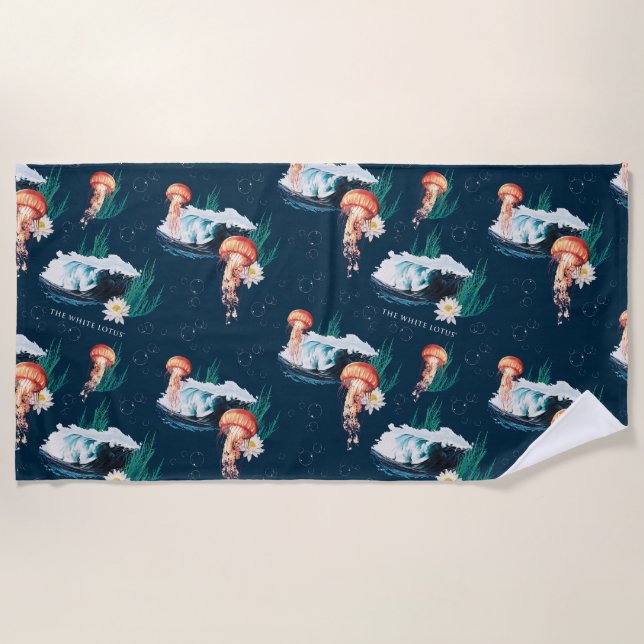 Toalha De Praia O padrão de águas-vivas do oceano Lotus Branco (Frente)