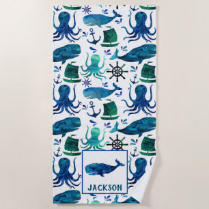 Toalha De Praia O teste padrão do polvo da baleia da aguarela