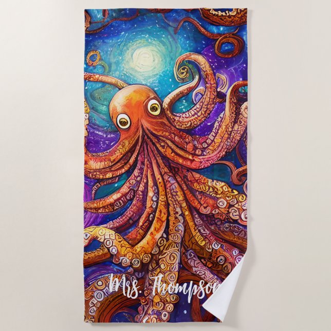 Toalha De Praia Octopus Colorido Whimsical com Nome Personalizado (Frente)