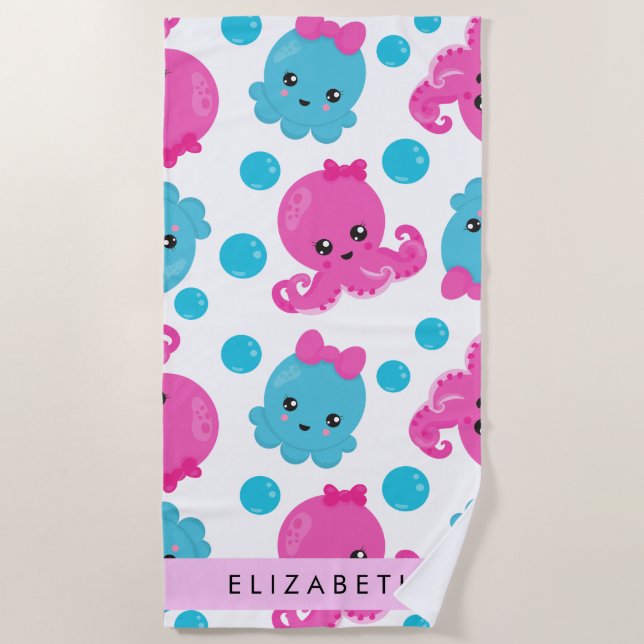 Toalha De Praia Octopus Patterno, Octopus Fresco, Mar, Seu Nome (Frente)