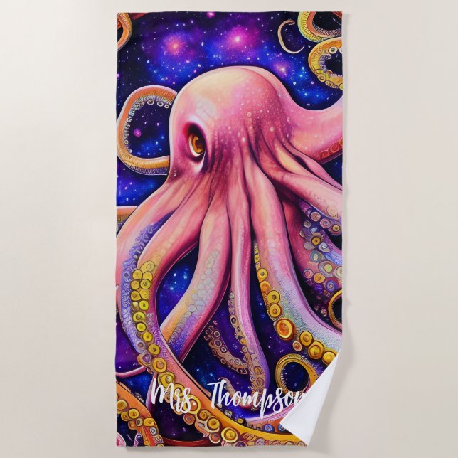 Toalha De Praia Octopus Rosa Whimísico com Nome Personalizado (Frente)