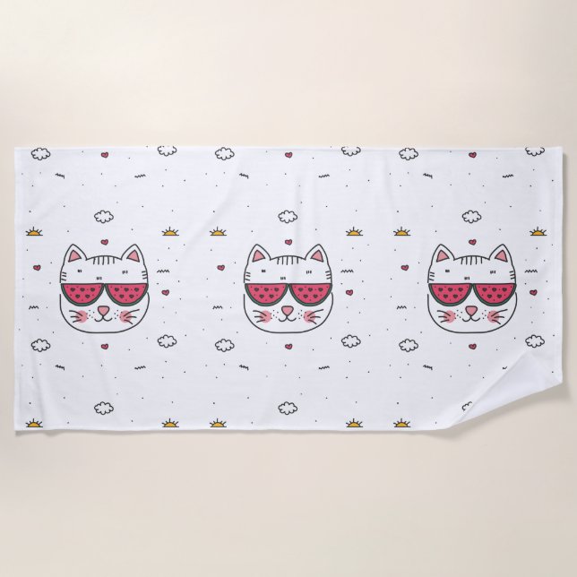 Toalha De Praia Óculos de melancia de gato branco engraçado (Frente)
