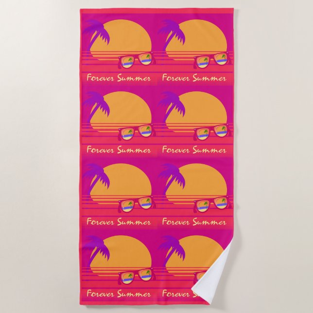 Toalha De Praia Óculos de Sol Forever Summer Sunset com Slogan Ret (Frente)