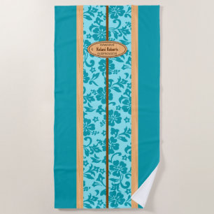 Toalha De Praia okuleia Faux Wood Monogram Surfboard Teal
